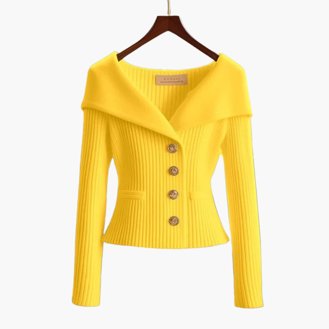 Off-Shoulder Ribbed Knit Cardigan – Button-Front Cropped Top