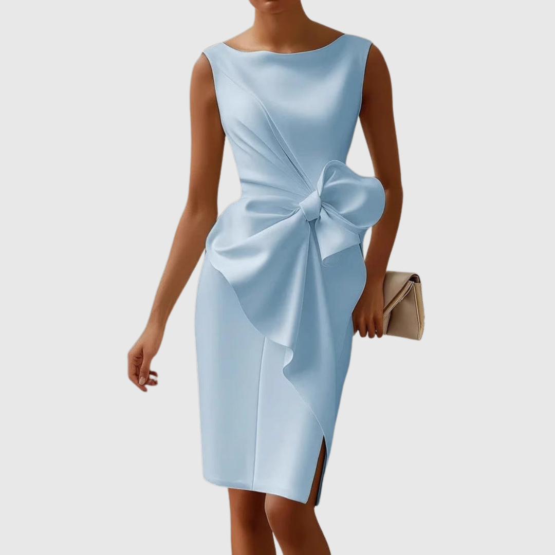 Sleeveless Bow Midi Dress – Bodycon Pencil Party Dress with Side Slit