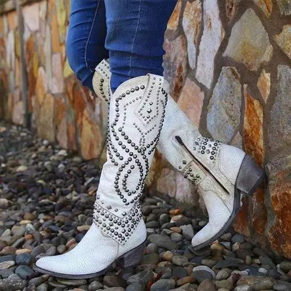 Studded Knee-High Western Boots – Distressed Faux Leather Block Heel