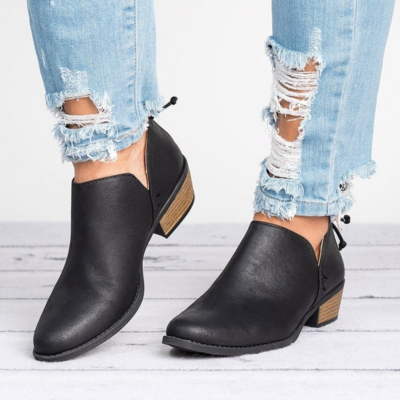 Slip-On Block Heel Ankle Boots – V-Cut Booties Retro Style