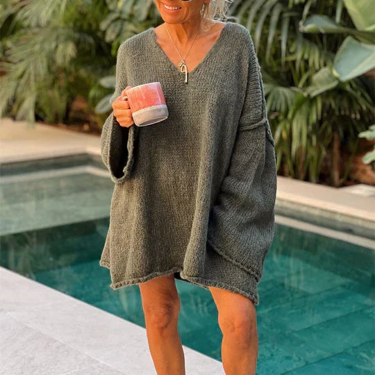 Oversized V-Neck Knit Sweater – Long Sleeve Loose Pullover