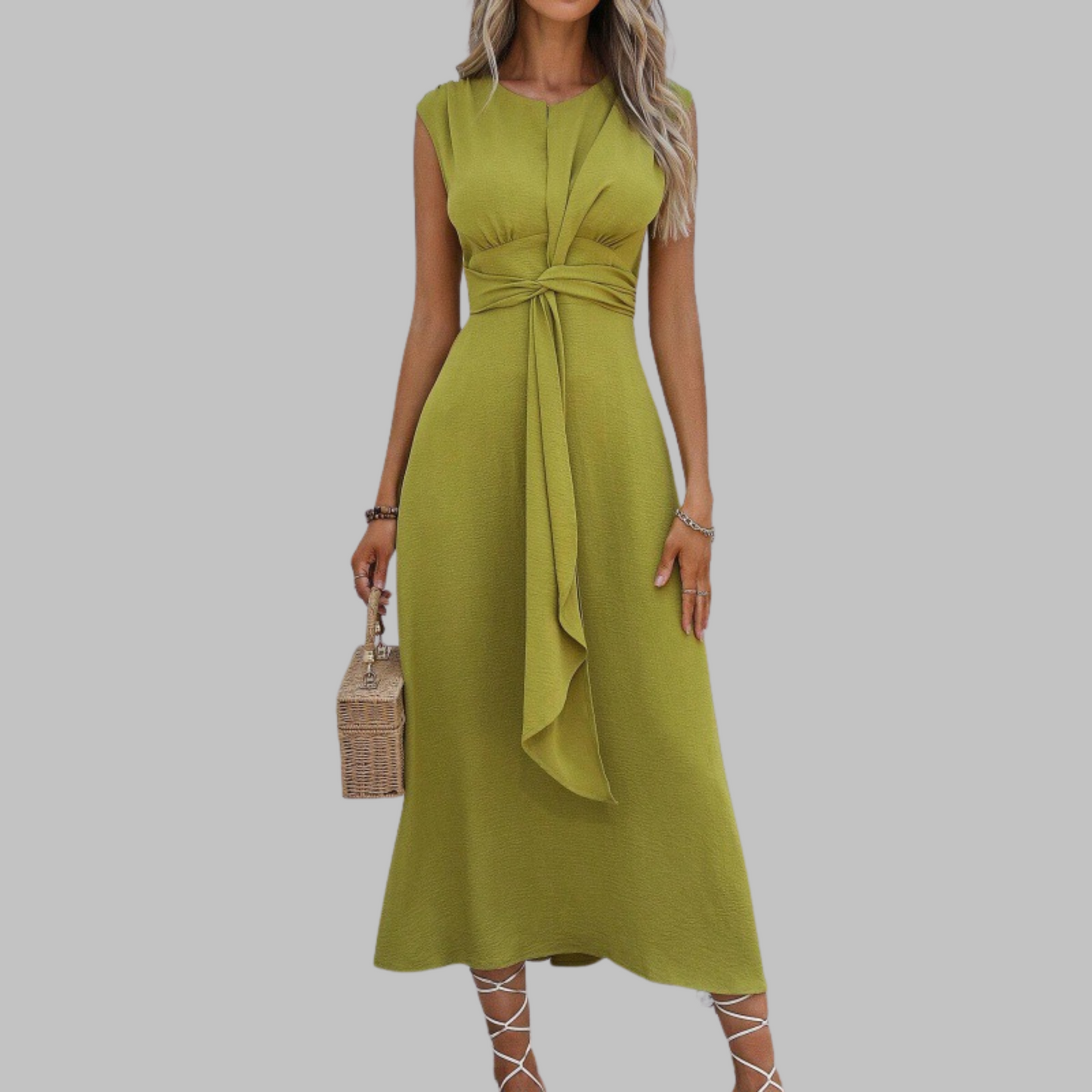 Sleeveless Tie Waist Maxi Dress – A-Line Round Neck Dress