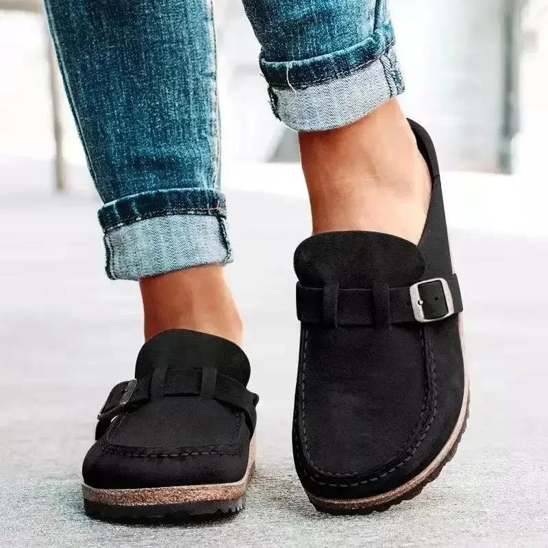 Women's Flat Buckle Mules – Faux Suede Slip-On Clogs with Cork Sole