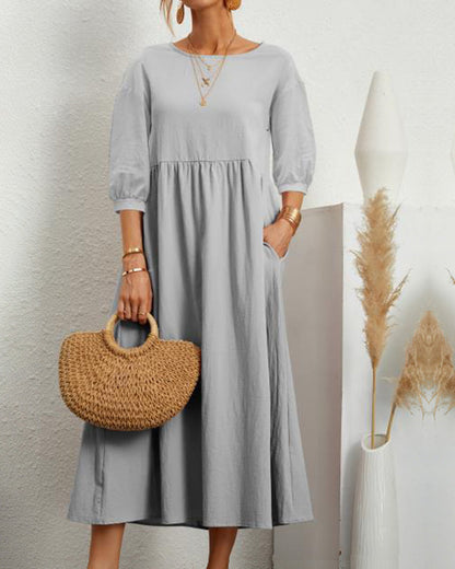 Smocked Waist Midi Dress – Puff Sleeve Round Neck A-Line