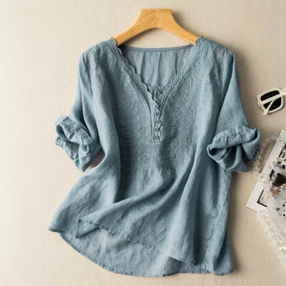 Cotton Linen Embroidered Blouse – V-Neck Scallop Half Sleeve Top