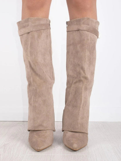 Suede Fold-Over Knee High Boots – Pointed Toe Gold Clasp