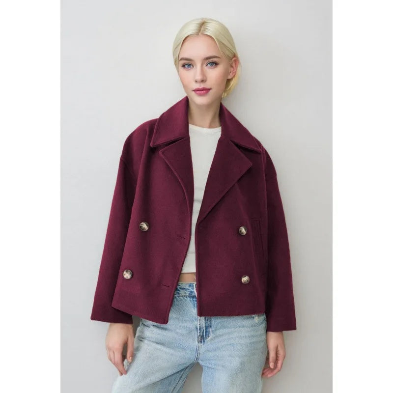 Cropped Double-Breasted Jacket – Oversized Lapel Collar Coat