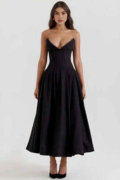 Women's Strapless Corset Midi Dress – Sweetheart Neckline A-Line Party Dress