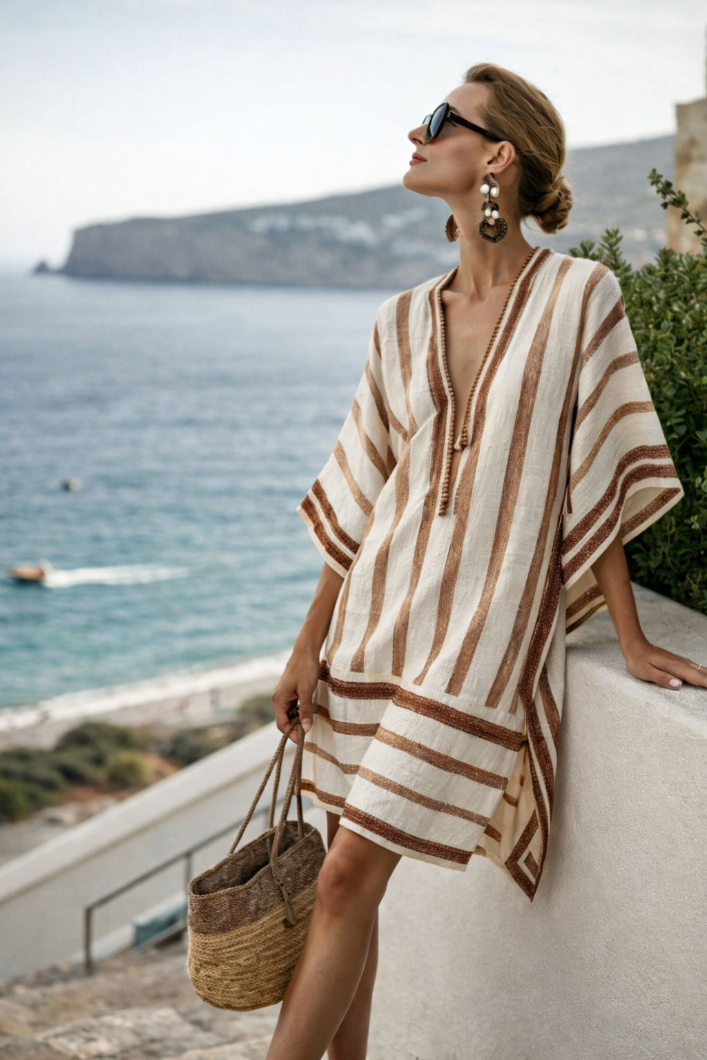Striped Kaftan Dress – V-Neck Short Sleeve Beach Cover-Up