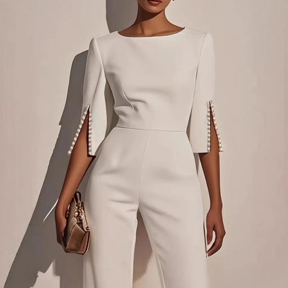 Wide-Leg Formal Jumpsuit – Boat Neck Split Sleeve Pearl Detail