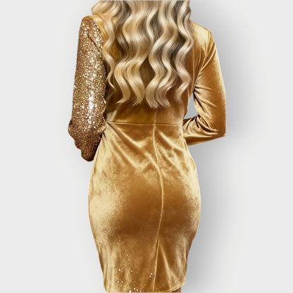 Velvet Sequin Wrap Mini Dress – Long Sleeve Ruched Bodycon Party Dress