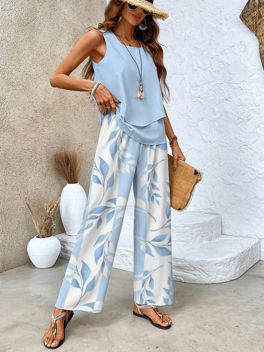 Layered Sleeveless Top Wide-Leg Pants Set – Square Neck Summer Two-Piece