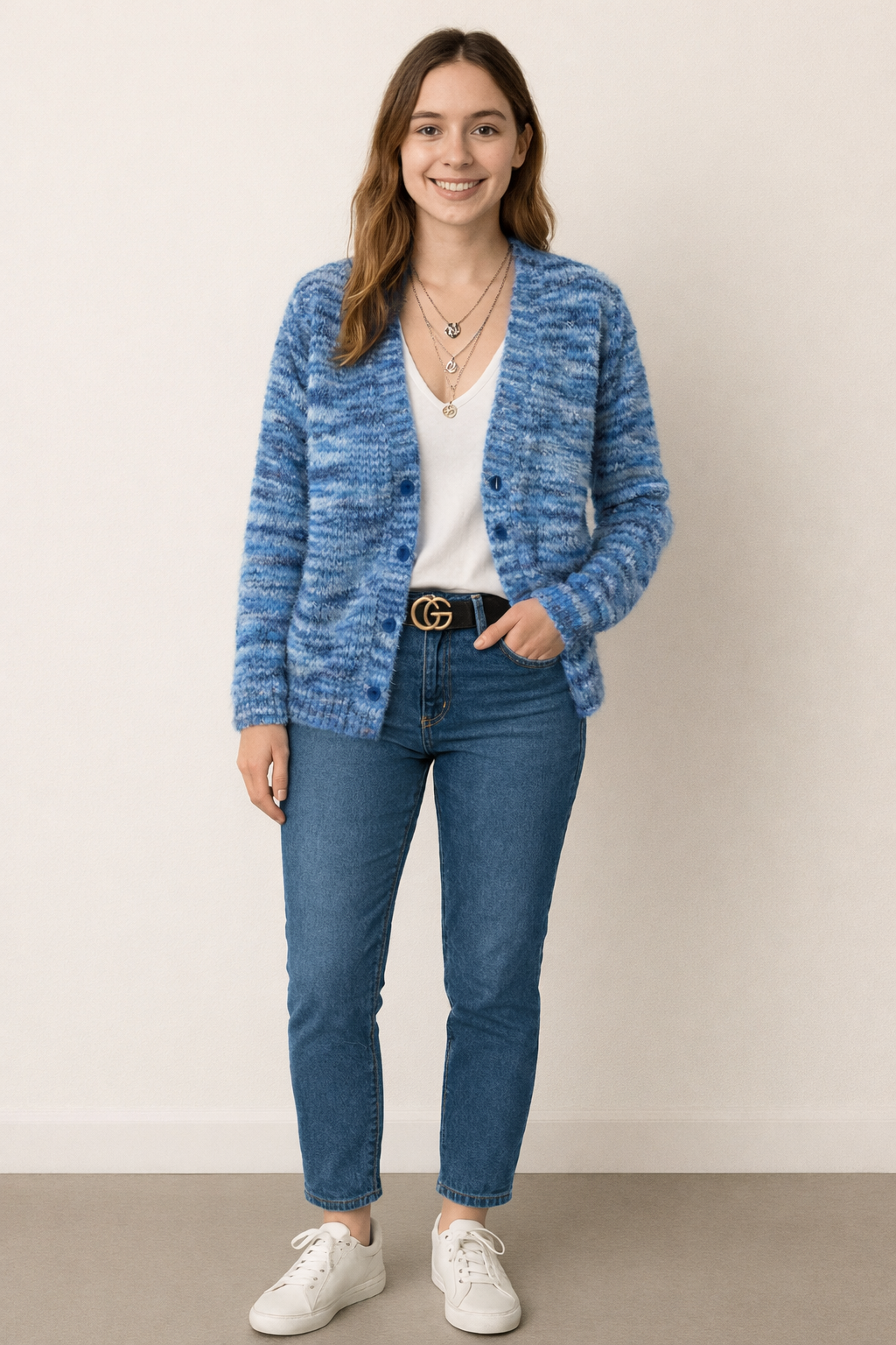 Multicolor Knit Open-Front Cardigan – Long Sleeve Space-Dye