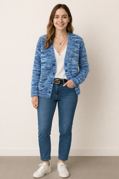 Multicolor Knit Open-Front Cardigan – Long Sleeve Space-Dye
