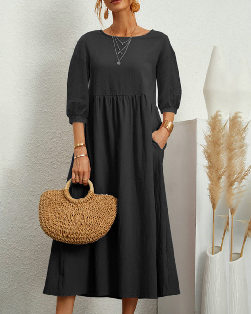 Smocked Waist Midi Dress – Puff Sleeve Round Neck A-Line