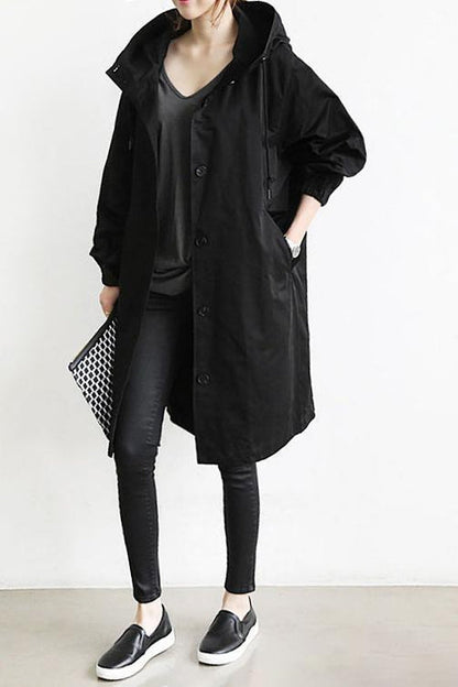 Button-Front Hooded Rain Coat – Knee-Length Loose Fit