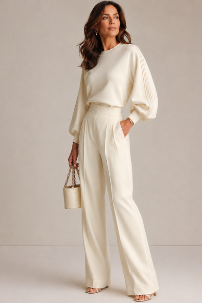 Balloon Sleeve Knit Sweater Wide-Leg Pants Set – Cream Two-Piece
