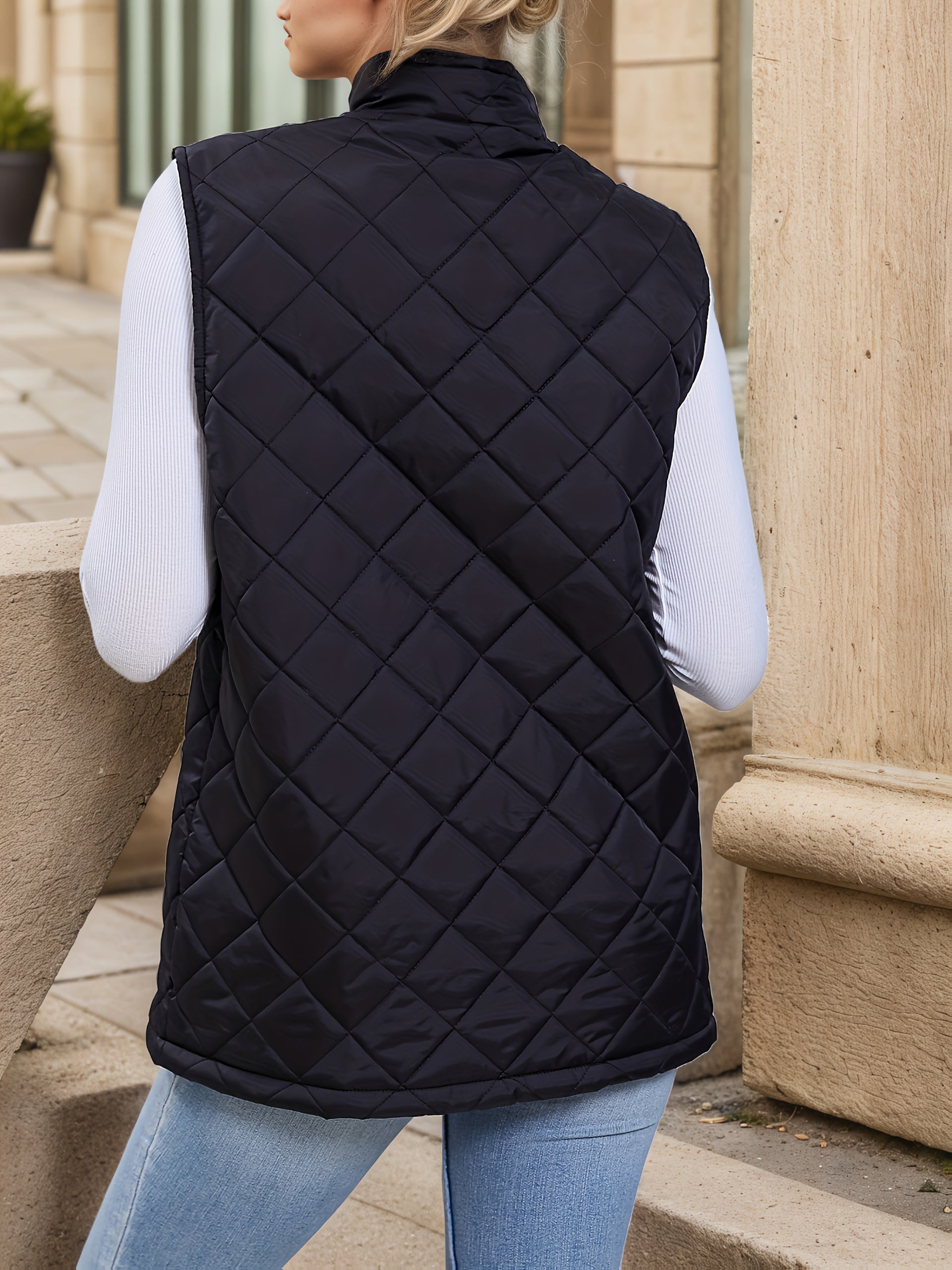 Diamond Quilted Longline Vest – Women's Sleeveless Zip Puffer Vest