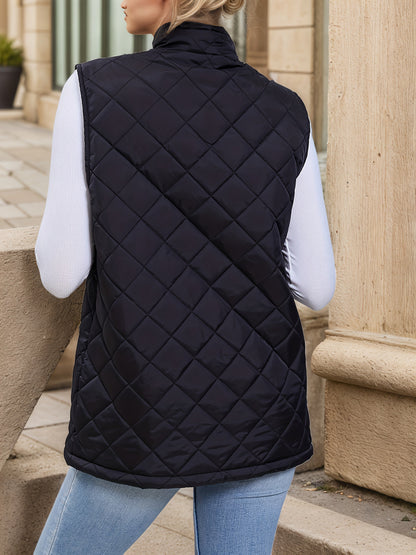 Diamond Quilted Longline Vest – Women's Sleeveless Zip Puffer Vest