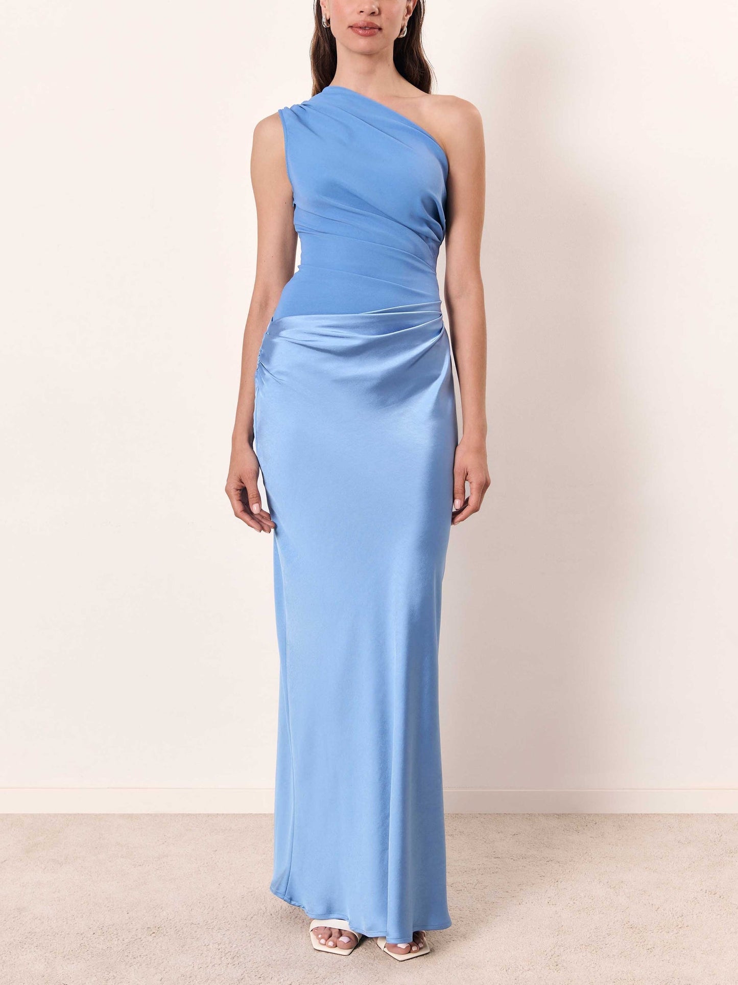One Shoulder Ruched Satin Maxi Dress – Sleeveless Formal Wedding Guest Gown
