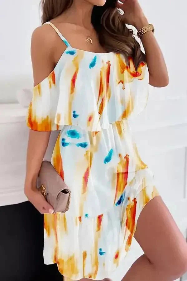 Women's Cold Shoulder Midi Dress – Floral Spaghetti Strap Tiered Ruffle Summer Dress