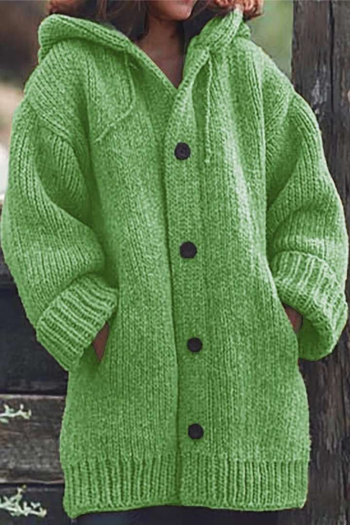 Chunky Knit Hooded Cardigan – Oversized Button-Front with Pockets