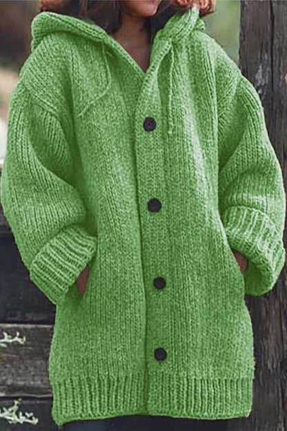 Chunky Knit Hooded Cardigan – Oversized Button-Front with Pockets