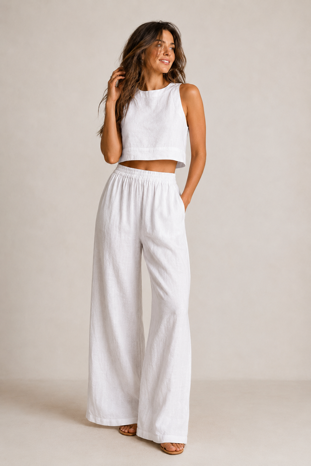 Linen Two Piece Set – Sleeveless Crop Top Wide Leg Pants