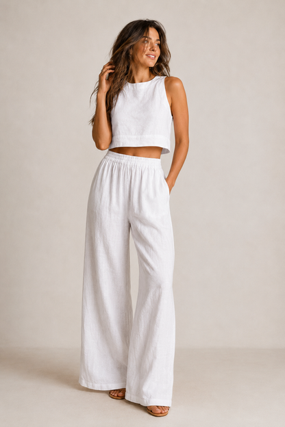 Linen Two Piece Set – Sleeveless Crop Top Wide Leg Pants