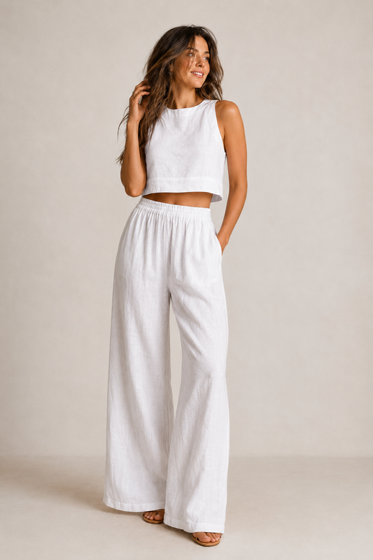 Linen Two Piece Set – Sleeveless Crop Top Wide Leg Pants