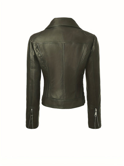 Faux Leather Moto Jacket – Asymmetric Zip Cropped Biker Jacket