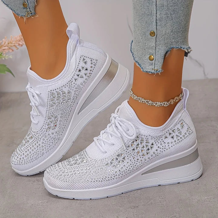 Rhinestone Knit Wedge Sneakers – Lace-Up Casual Platform Shoes