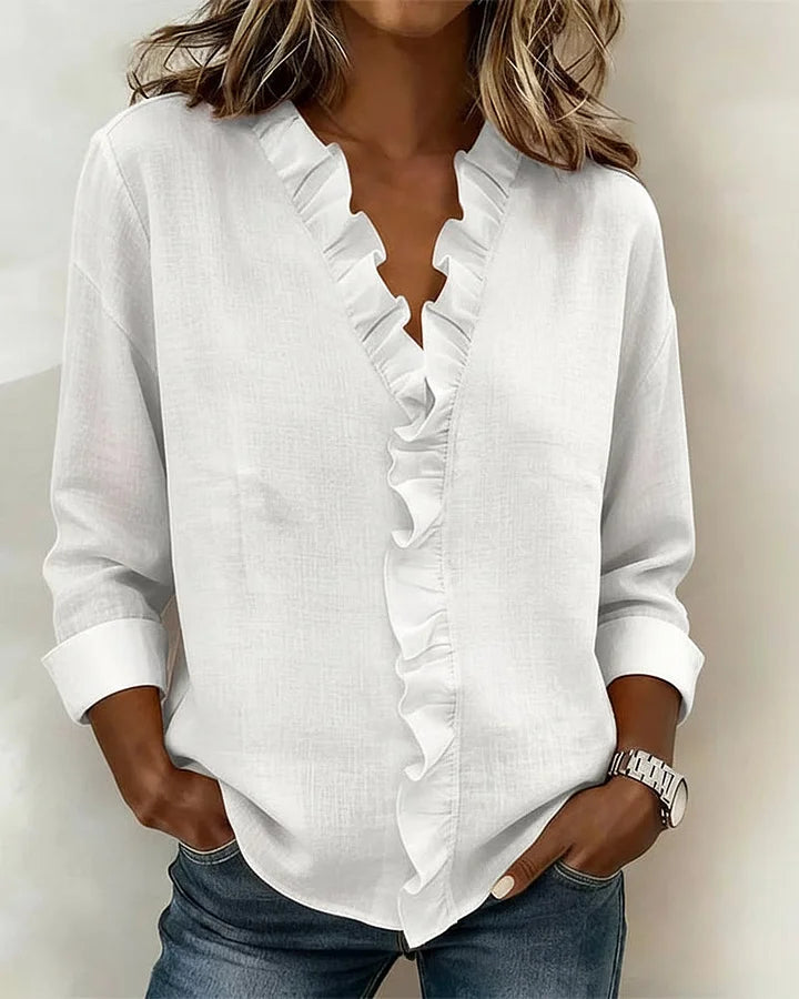 Ruffle V-Neck Long Sleeve Blouse – Relaxed Fit Casual Top