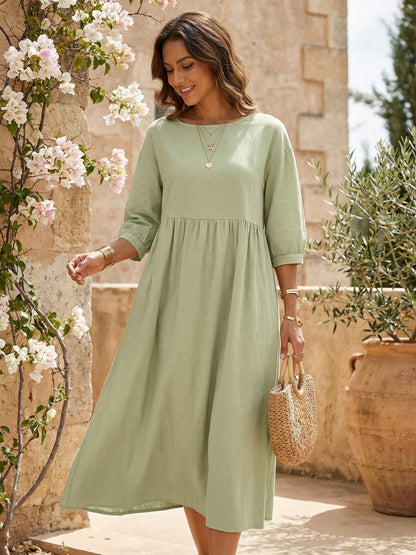 Smocked Waist Midi Dress – Puff Sleeve Round Neck A-Line