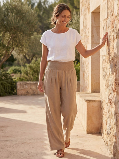 Linen Wide-Leg Pants – Smocked High Waist Pleated Summer Trousers