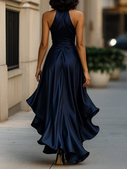 Women's Satin Halter Dress – High Low Ruffle Skirt Formal Evening Dress