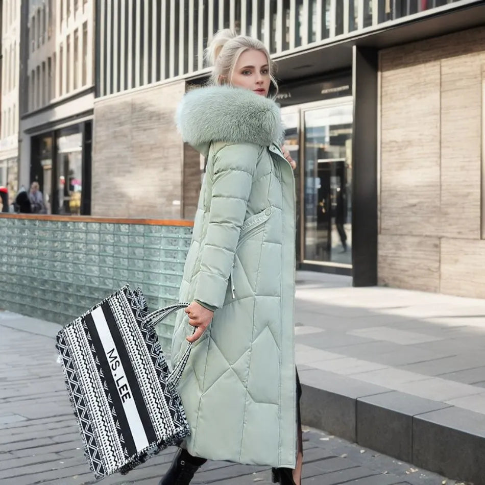 Long Quilted Puffer Coat with Fur Hood – Women's Maxi Winter Coat