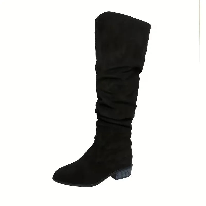 Faux Suede Over-the-Knee Slouch Boots – Block Heel Slip-On