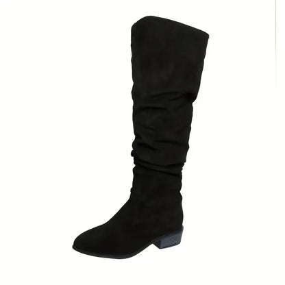 Faux Suede Over-the-Knee Slouch Boots – Block Heel Slip-On