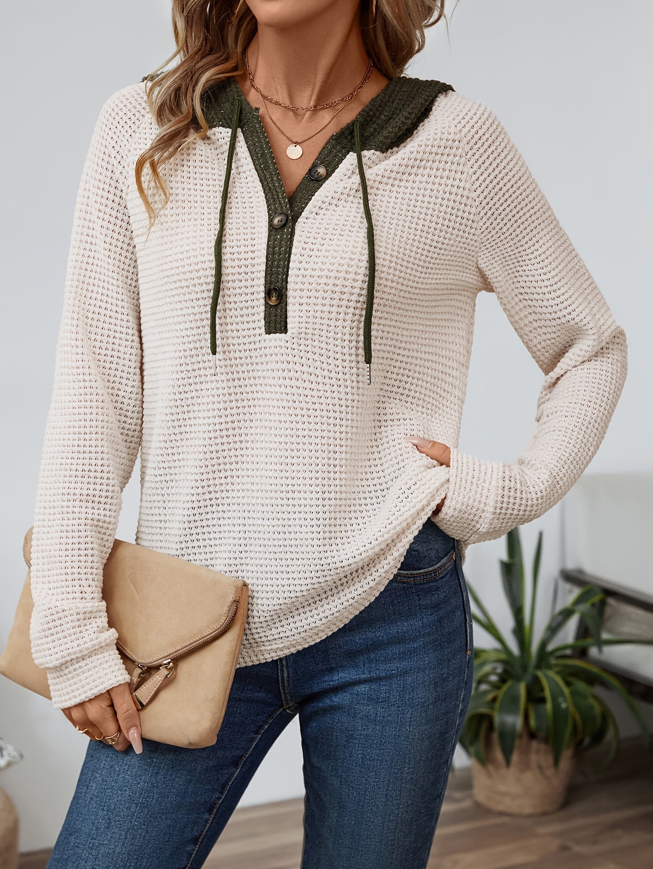 Waffle Knit Hoodie Top – Color Block Henley Long Sleeve