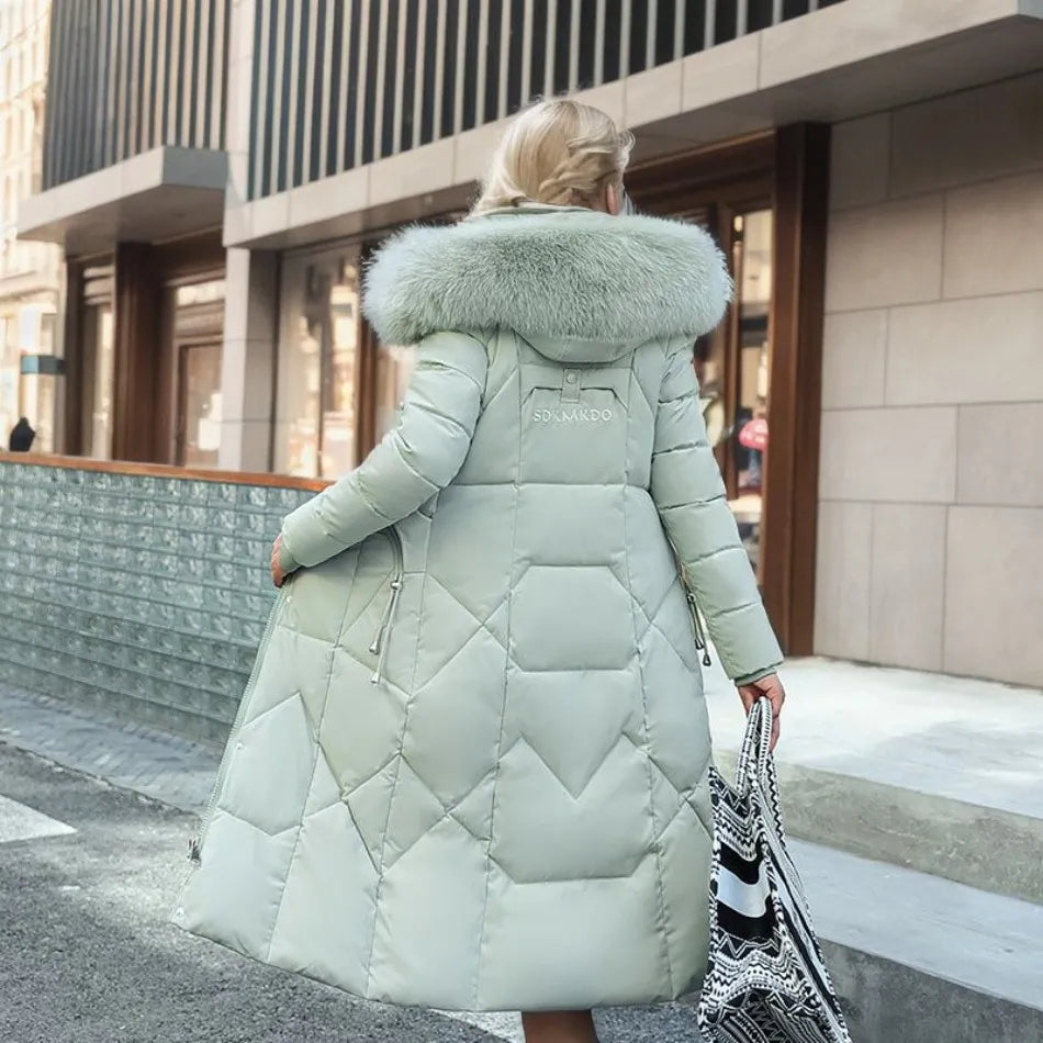 Long Quilted Puffer Coat with Fur Hood – Women's Maxi Winter Coat