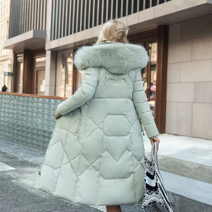 Long Quilted Puffer Coat with Fur Hood – Women's Maxi Winter Coat