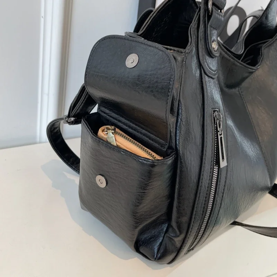 Vegan Leather Shoulder Bag – Large Multi-Pocket Crossbody Tote
