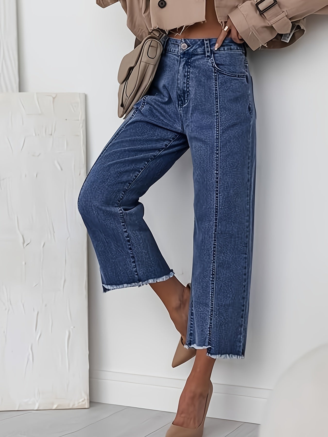 High Waist Wide Leg Cropped Jeans – Raw Hem Dark Wash Denim