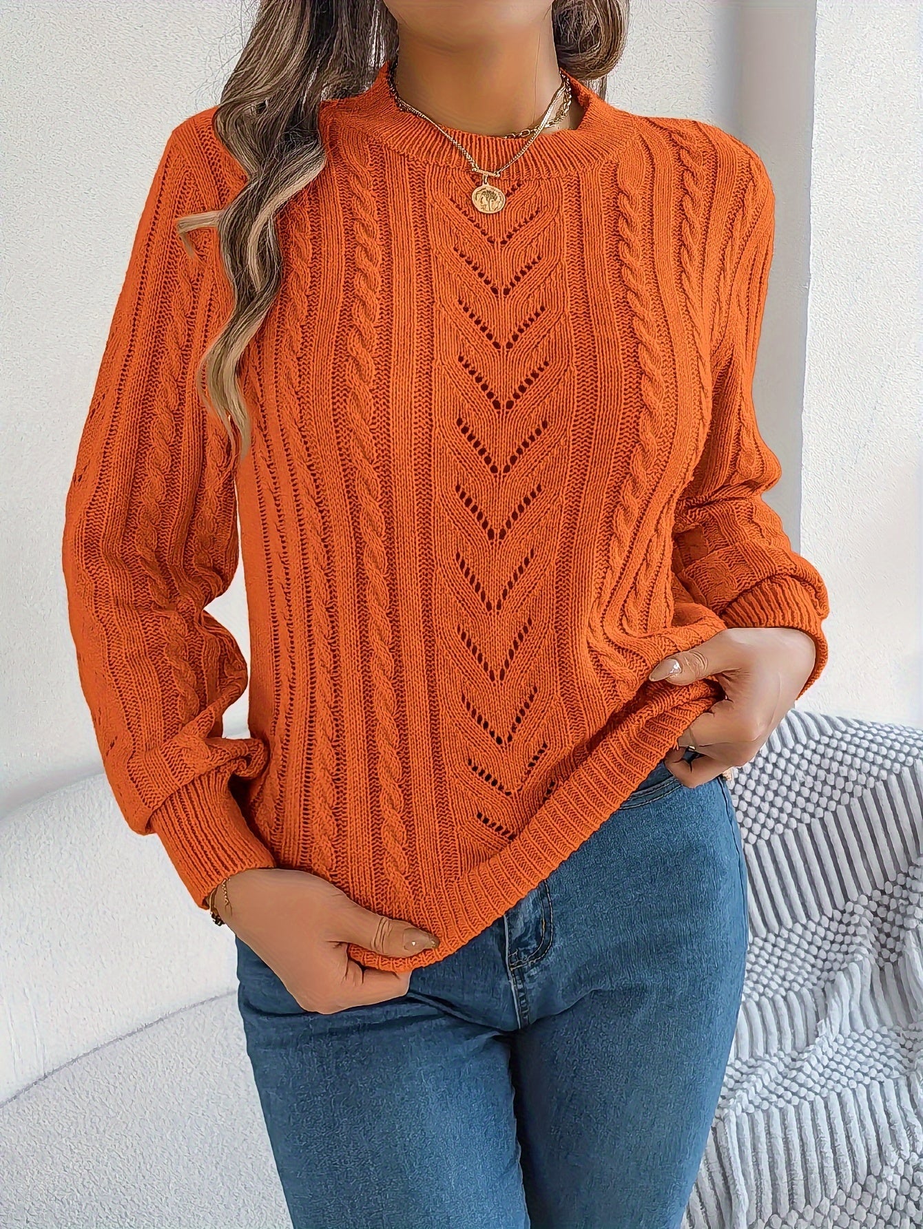 Cable Knit Openwork Pullover Sweater – Crewneck Long Sleeve Relaxed Fit