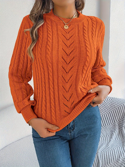 Cable Knit Openwork Pullover Sweater – Crewneck Long Sleeve Relaxed Fit