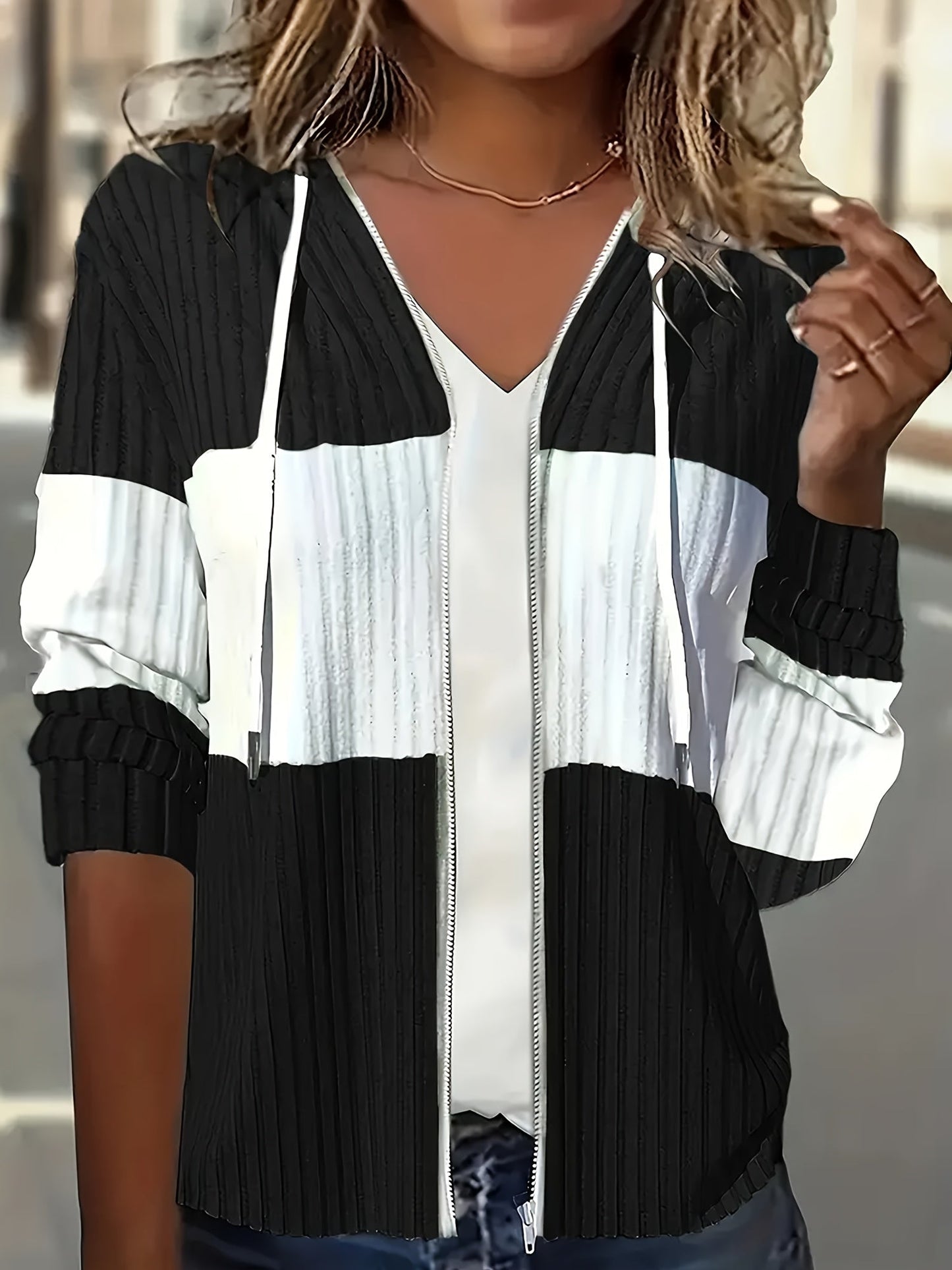 Colour Block Zip-Up Hoodie Jacket – Ribbed Knit Long Sleeve