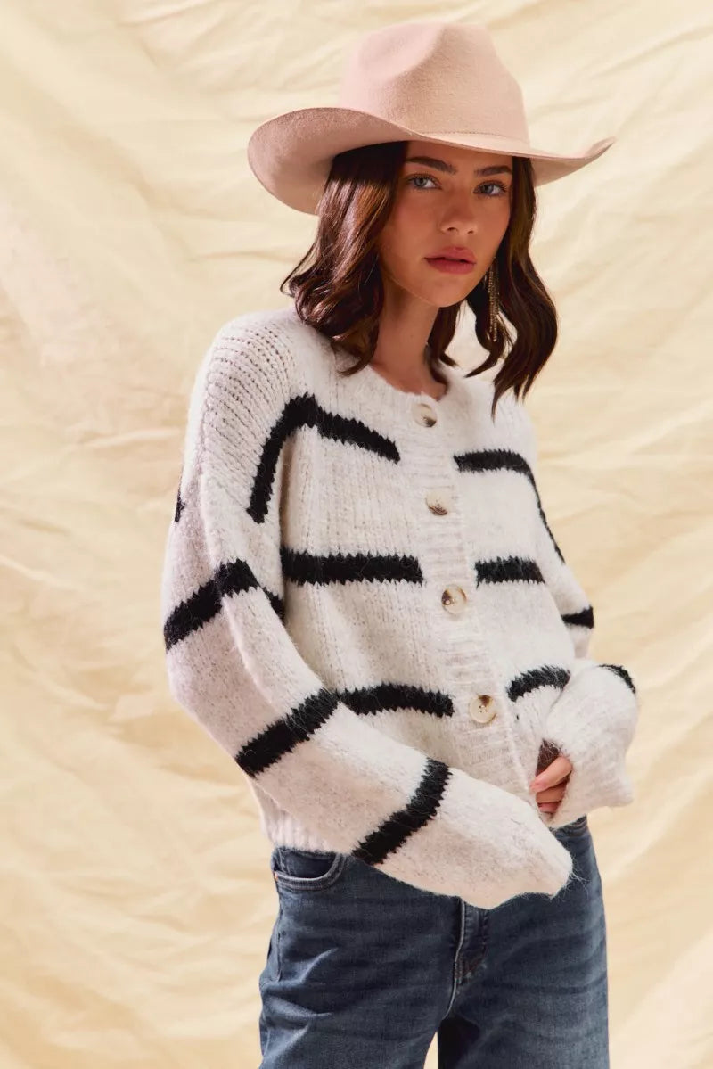 Striped Knit Cardigan – Button-Front Crew Neck Relaxed Fit