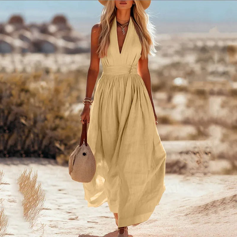 Linen Halter Neck Maxi Dress – Boho Flowy Sleeveless Summer Dress