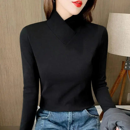 Slim Fit Turtleneck Long Sleeve Top – V-Neckline Stretch Layering Tee